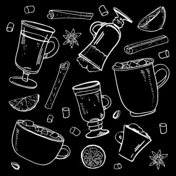 Set with hot drinks.  Coffee, mulled wine, cocoa, cinnamon and lemon. Hand drawn outline vector sketch illustration on black background