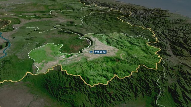 Attapu - province of Laos with its capital zoomed on the satellite map of the globe. Animation 3D