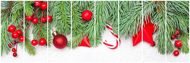 Christmas collage background. Composition set with green Xmas fir branch, red holly berries and...