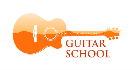 Logo emblem for Guitar music school. Vector illustration of silhouette of guitar with caption on white background isolated - Royalty Free