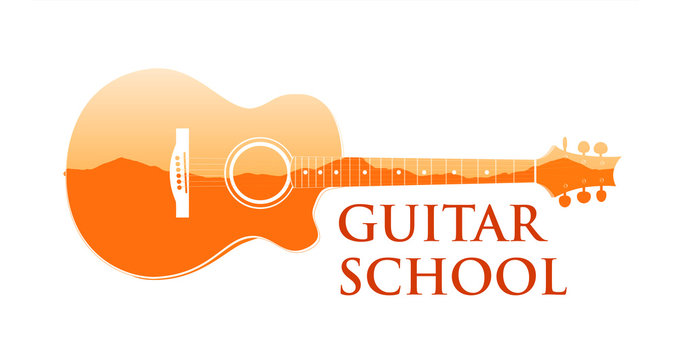 Logo Emblem For Guitar Music School. Vector Illustration Of Silhouette Of Guitar With Caption On White Background Isolated - Royalty Free