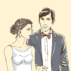 Silhouette of couple, bride and groom, wedding, fiance, tuxedo