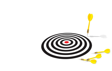 Yellow dart miss out the target with many darts lay down on the white floor, do not miss the best...