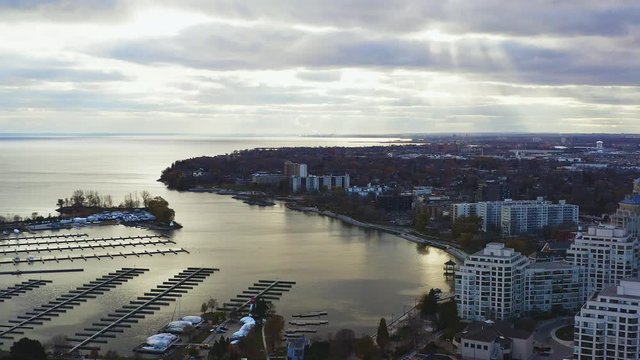 Aerial flying over lake Ontario shore from Humber Bay towards New Toronto Area. DOLLY IN