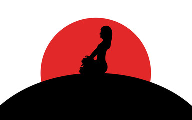 Girl sitting in lotus position on a hill, sunset, silhouette art image, vector illustration isolated on white background