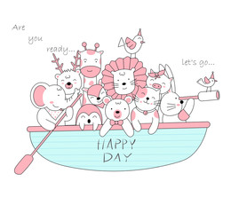 The cute baby animal with boat. Cartoon sketch animal style