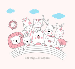 Obraz premium The cute baby animal and rainbow. Cartoon sketch animal style