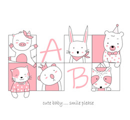 The cute animal cartoon in frame. Hand drawn cartoon style