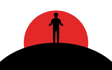 Man shows thumbs up, guy stands on a hill, sunset, silhouette art image, vector illustration isolated on white background