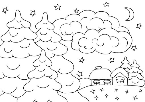 House In The Winter Forest - Coloring Page