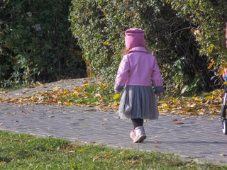 Little girl walks in the autumn park. Autumn time, autumn in the city, urban autumn landscape with a pond, people walking and other fun