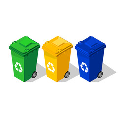 Yellow, green and blue trash cans,Vector Isometric illustration