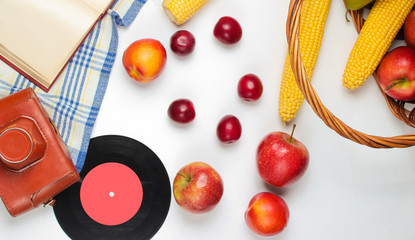 French retro style picnic. Basket with fruits and vegetables, retro camera, book,  baguette and other picnic food white background. Top view. Studio shot