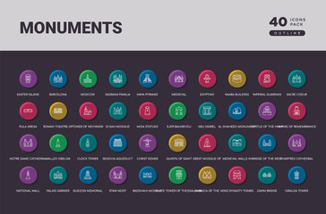 monuments concept 40 outline colorful round icons set