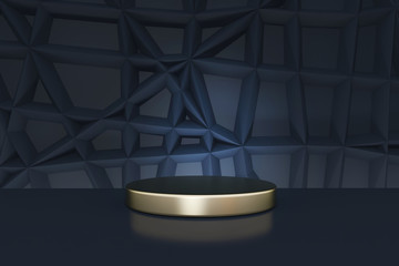 Beautiful luxury gold pedestal in geometry navy-black studio. Black and gold backgraund with podium for presentation. 3d rendering.