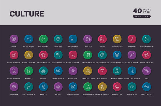culture concept 40 outline colorful round icons set