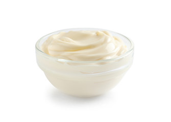 Obraz na płótnie Canvas Delicious mayonnaise sauce in bowl on white background