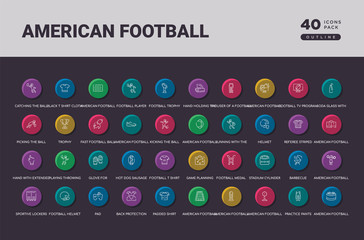 american football concept 40 outline colorful round icons set