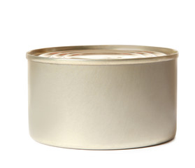 Closed tin can isolated on white, mockup for design