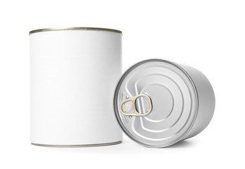 Closed tin cans isolated on white, mockup for design