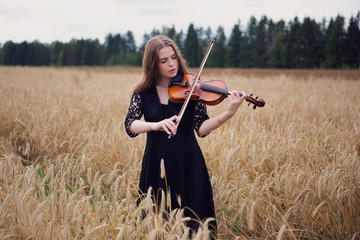 a beautiful young woman plays the violin on a ripening wheat field. violinist © Denis Ivanov