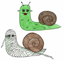 Set cartoon snail mummy and monster frankinshteyn green with scars. Halloween illustration isolated. Watercolor hand drawn © rojkova_jil