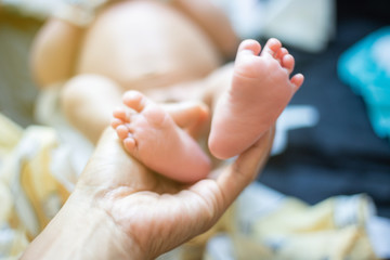 Obraz na płótnie Canvas Baby feet holding by father hand massage selective focus