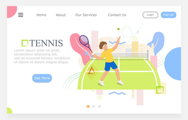 Young guy on a tennis court throws a ball, landing page, bright abstract background, vector flat illustration