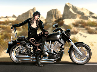 Fototapeta na wymiar Attractive Biker Girl Sits On Her Motorcycle In A Hot Desert