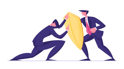 Businessman Trying to Overcome Resistance Attacking Man with Golden Shield. Business Protection, Onslaught and Confrontation Concept. Overcoming of Crisis Situation. Cartoon Flat Vector Illustration