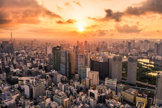 Aerial Drone Photo - Skyline of the city of Tokyo, Japan at sunrise. Asia	