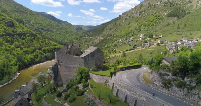 Prades castle aerial approach, Tarn gorges, Loz&egrave;re, France