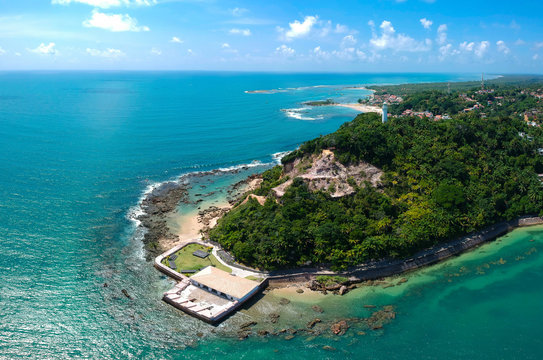 Aereal view of Morro de S&atilde;o Paulo village island Bahia and fortress