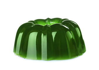 Delicious sweet green jelly on white background