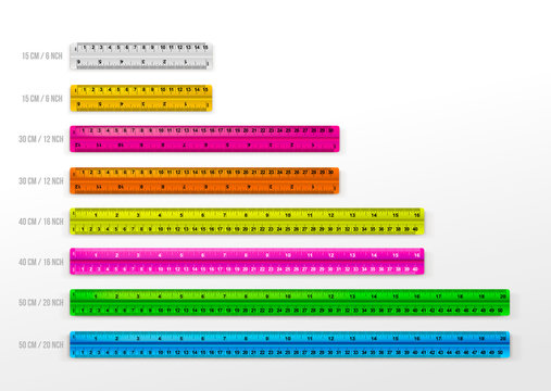 Set of 15, 30, 40cm and 50cm measure tape ruler school metric measurement. Colored metric ruler. Vector illustration. Isolated on white background.