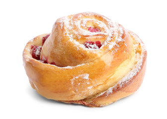 Fresh delicious sweet pastry on white background