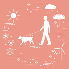 Man walking a dog on a leash in any weather.
