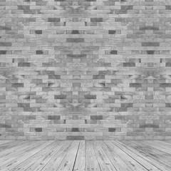 Empty room, white brick wall and wooden floor