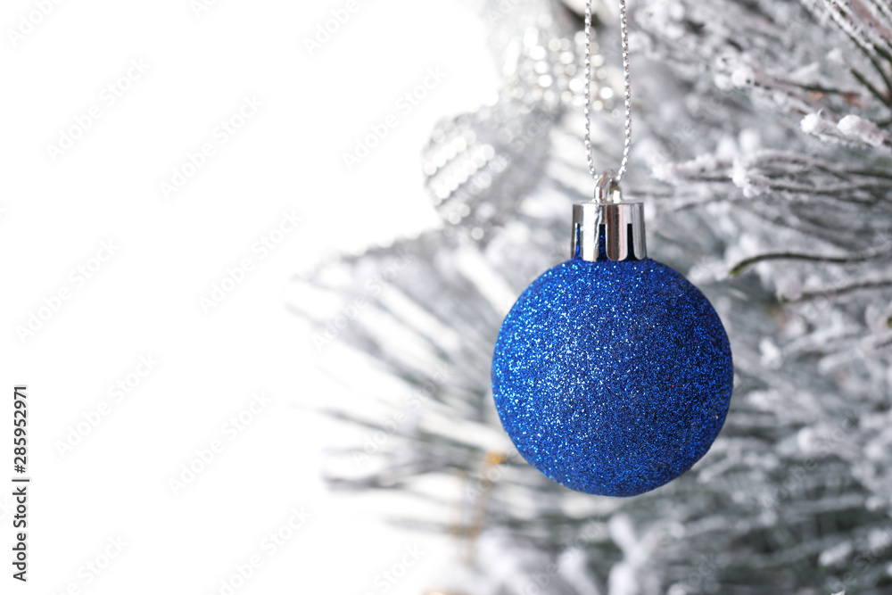 Wall mural beautiful christmas tree with festive decor on white background, closeup