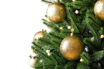 Beautiful Christmas tree with festive decor on white background