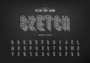 Pencil sketch shadow font and alphabet vector, Chalk letter style typeface and number design