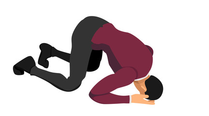 the character wearing a suit is bowing down holding his head. gestures indicate failure and bankruptcy.