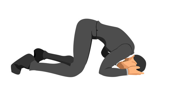 the character wearing a suit is bowing down holding his head. gestures indicate failure and bankruptcy.
