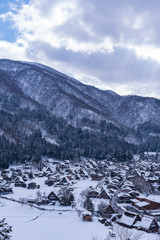 Overlooking view of the village Shirakawa go in Japan, the world heritage in winter.