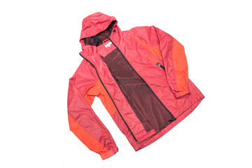 Red yellow and black zipper windbreaker hiking jacket, rain proof jacket hoodie, track jacket sport nylon full zip isolated on white