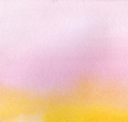 Abstract watercolor background. A smooth gradient from pink-violet to yellow. Hand drawn on paper with texture illustration
