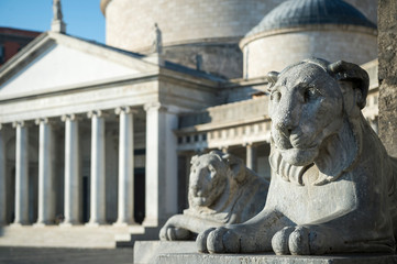Scenic view of the San Francisco Basilica dominated by the grand lionesses guarding the Piazza del Plebiscito Plaza in Naples, Italy