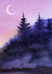 Fototapeten Lila Watercolor landscape. Dark silhouette of purple misty fir trees. Mass of forest against pink sky. Evening forest. Fairytale forest. Early Morning. Young month and stars. Hand-drawn illustration  © Olga