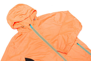 yellow-orange windbreaker jacket, rain proof jacket hoodie, track jacket sport nylon full zip isolated on white