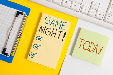 Writing note showing Game Night. Business concept for usually its called on adult play dates like...